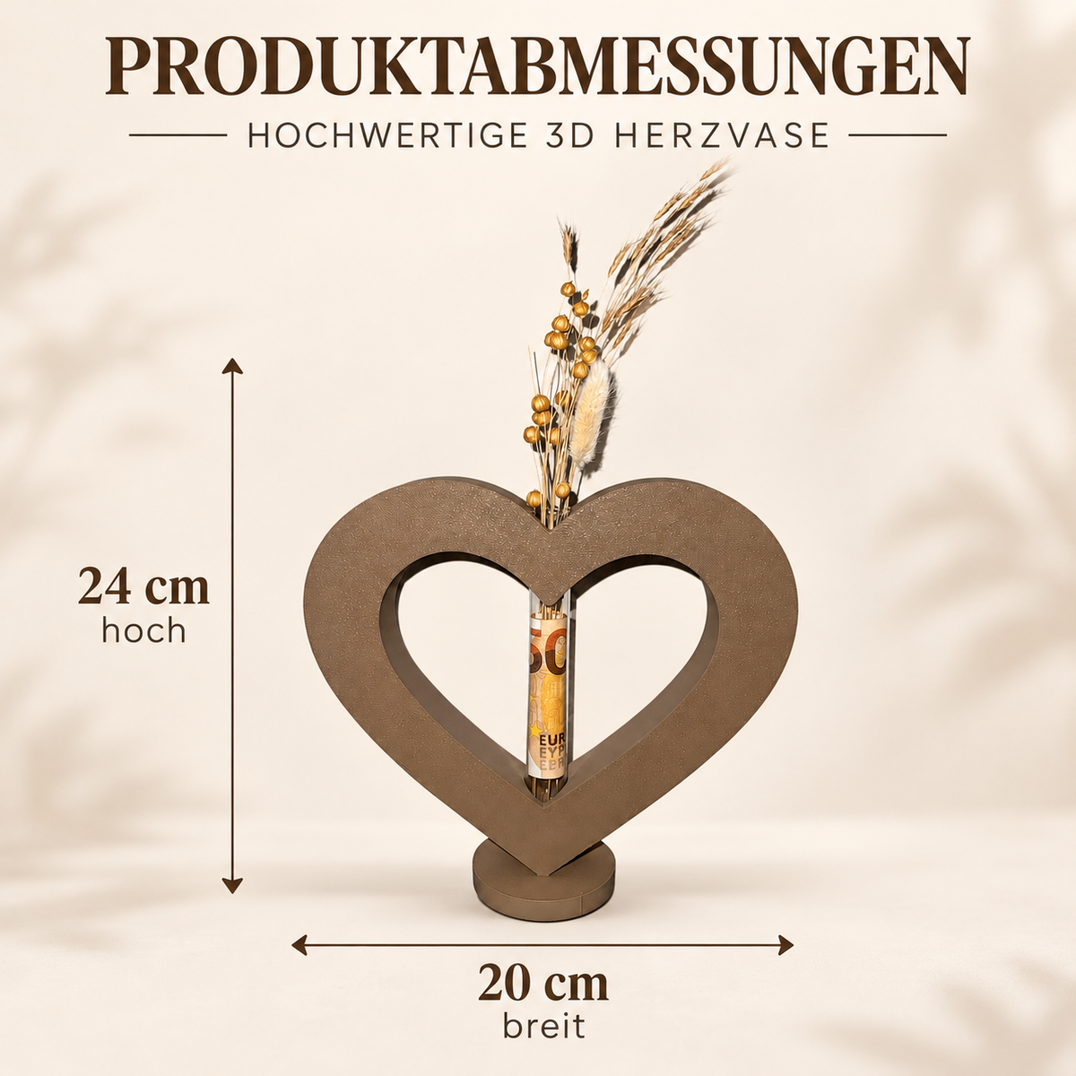 Maßabbildung: 3D Herzvase mit Reagenzglas zum Aufstellen