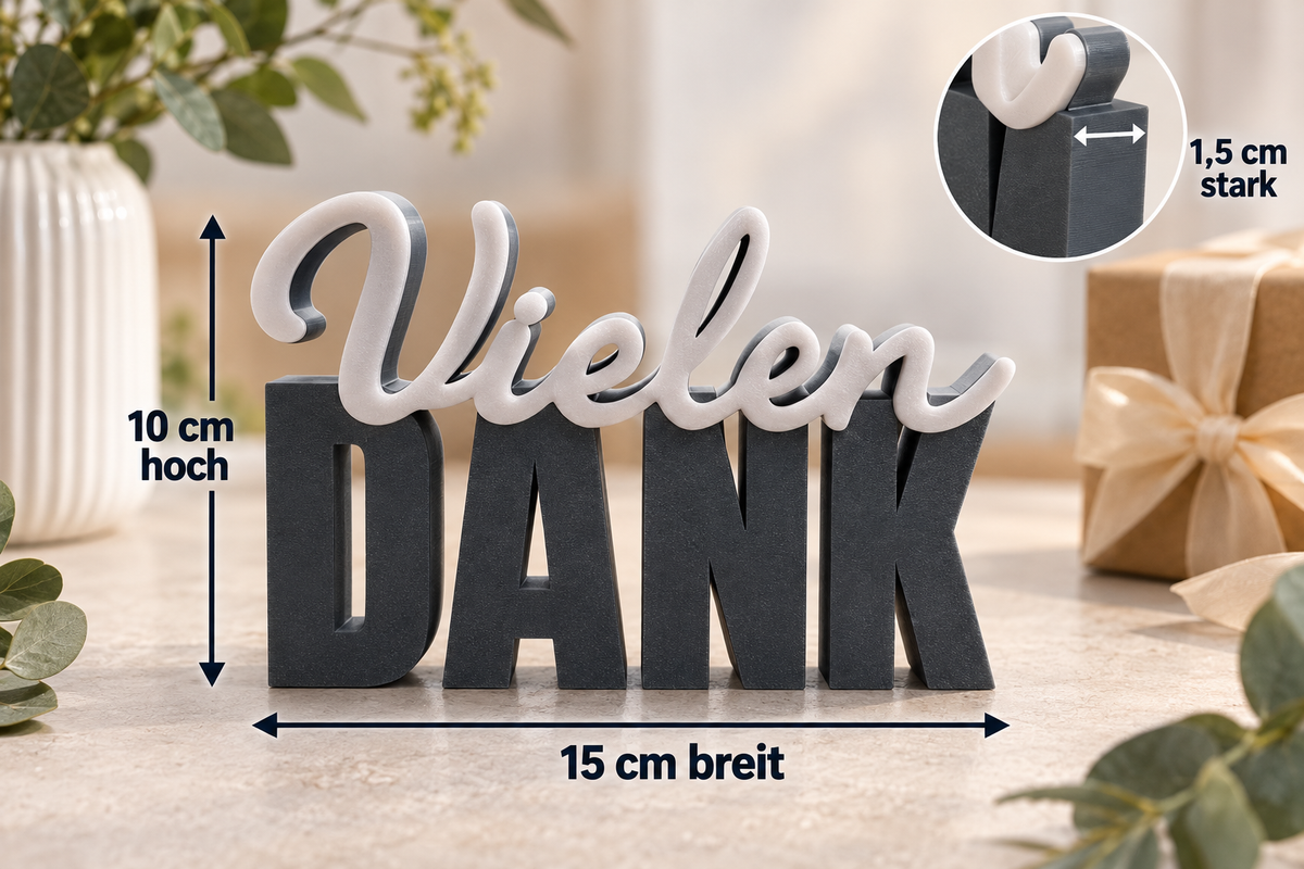 Maßabbildung: 3D Schriftzug Vielen Dank zum Aufstellen