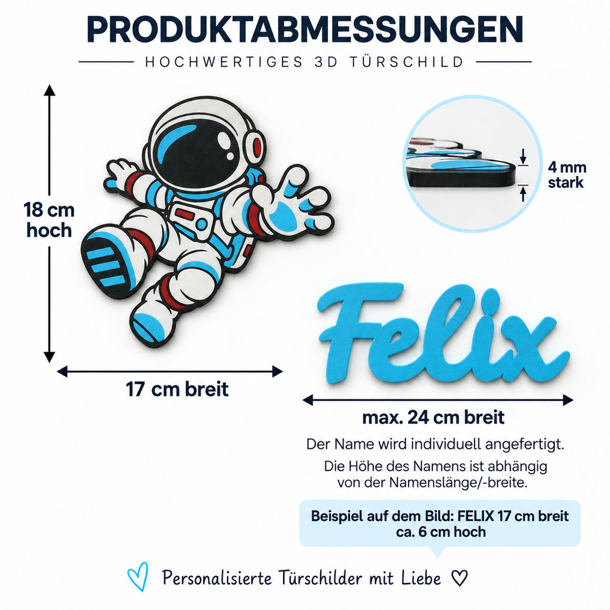 Personalisiertes 3D Türschild Astronaut mit Namen – Produktansicht