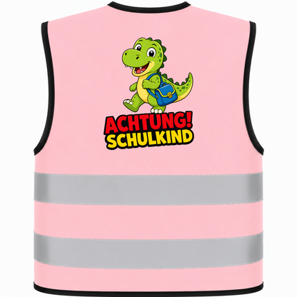 Kinderwarnweste Dino „Achtung Schulkind“ mit festem Motivdruck auf Kinderwarnweste – Entwurf auf XXS-Weste