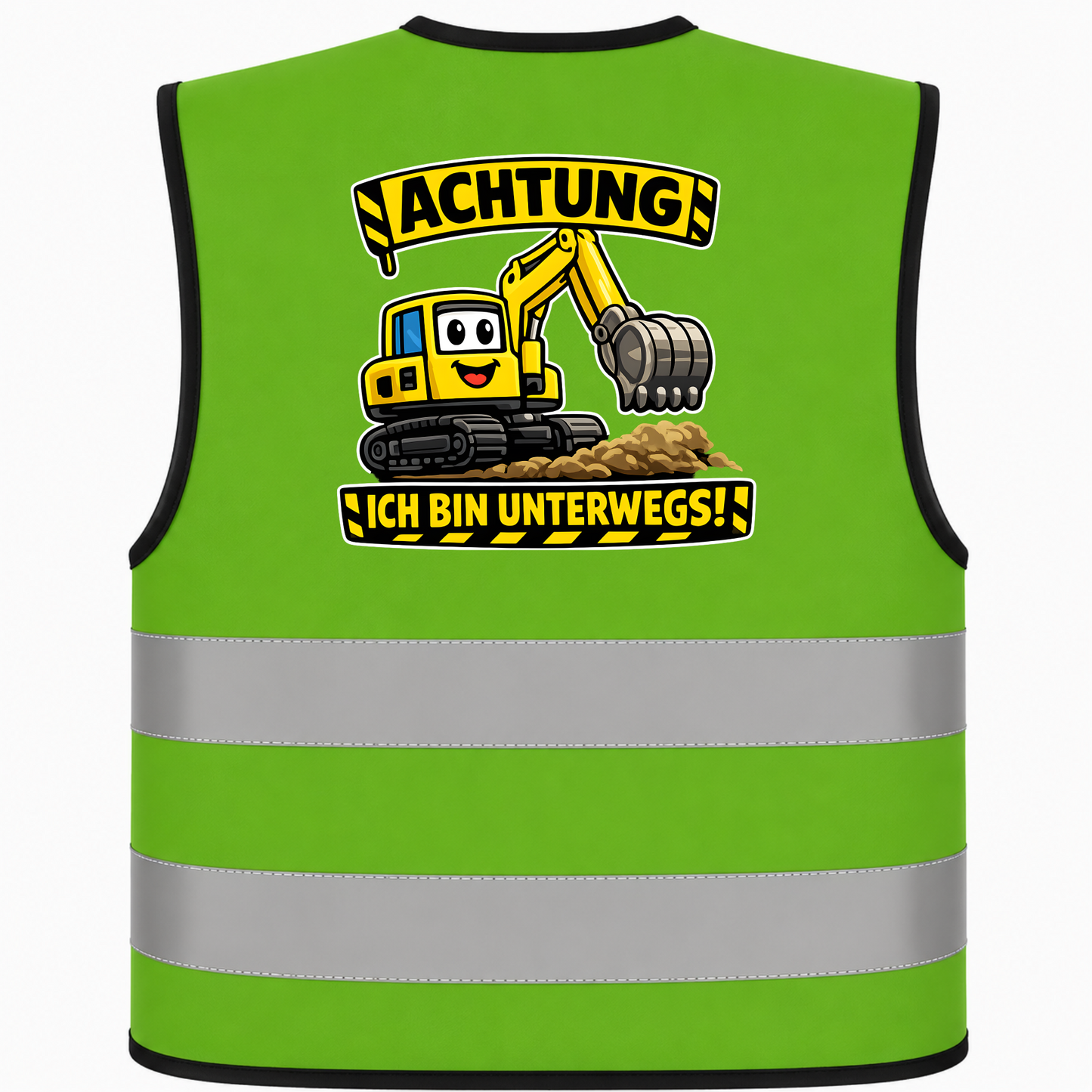 Kinderwarnweste Bagger „Achtung, ich bin unterwegs“ mit festem Motivdruck auf Kinderwarnweste – Entwurf auf XXS-Weste