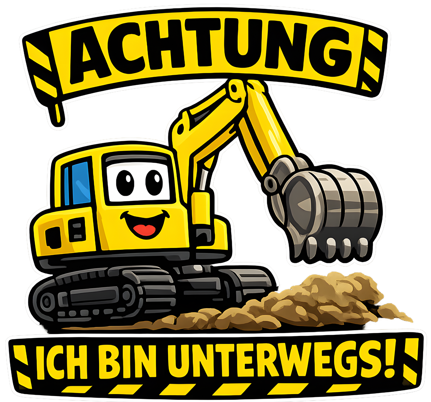 DTF Druckmotiv für Kinderwarnweste Bagger „Achtung, ich bin unterwegs“