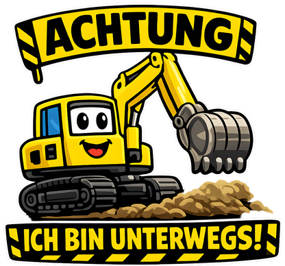 DTF Druckmotiv für Kinderwarnweste Bagger „Achtung, ich bin unterwegs“