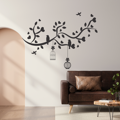 Wandtattoo Ast mit Vogelkäfig Motivansicht in Folienoptik