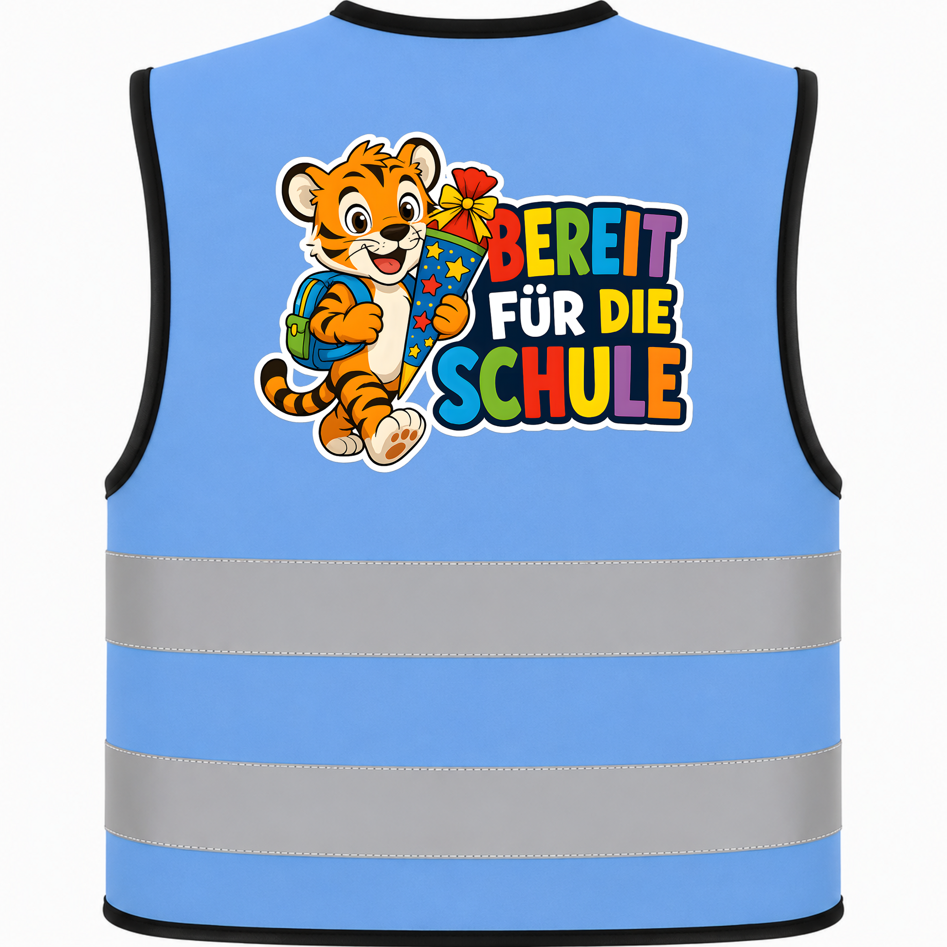 Kinderwarnweste Tiger „Bereit für die Schule“ mit festem Motivdruck auf Kinderwarnweste – Entwurf auf XXS-Weste
