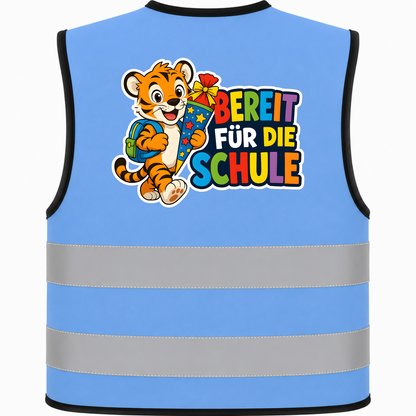 Kinderwarnweste Tiger „Bereit für die Schule“ mit festem Motivdruck auf Kinderwarnweste – Entwurf auf XXS-Weste