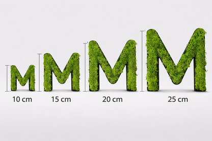 Größenübersicht Moos Buchstaben von 10 bis 25 cm
