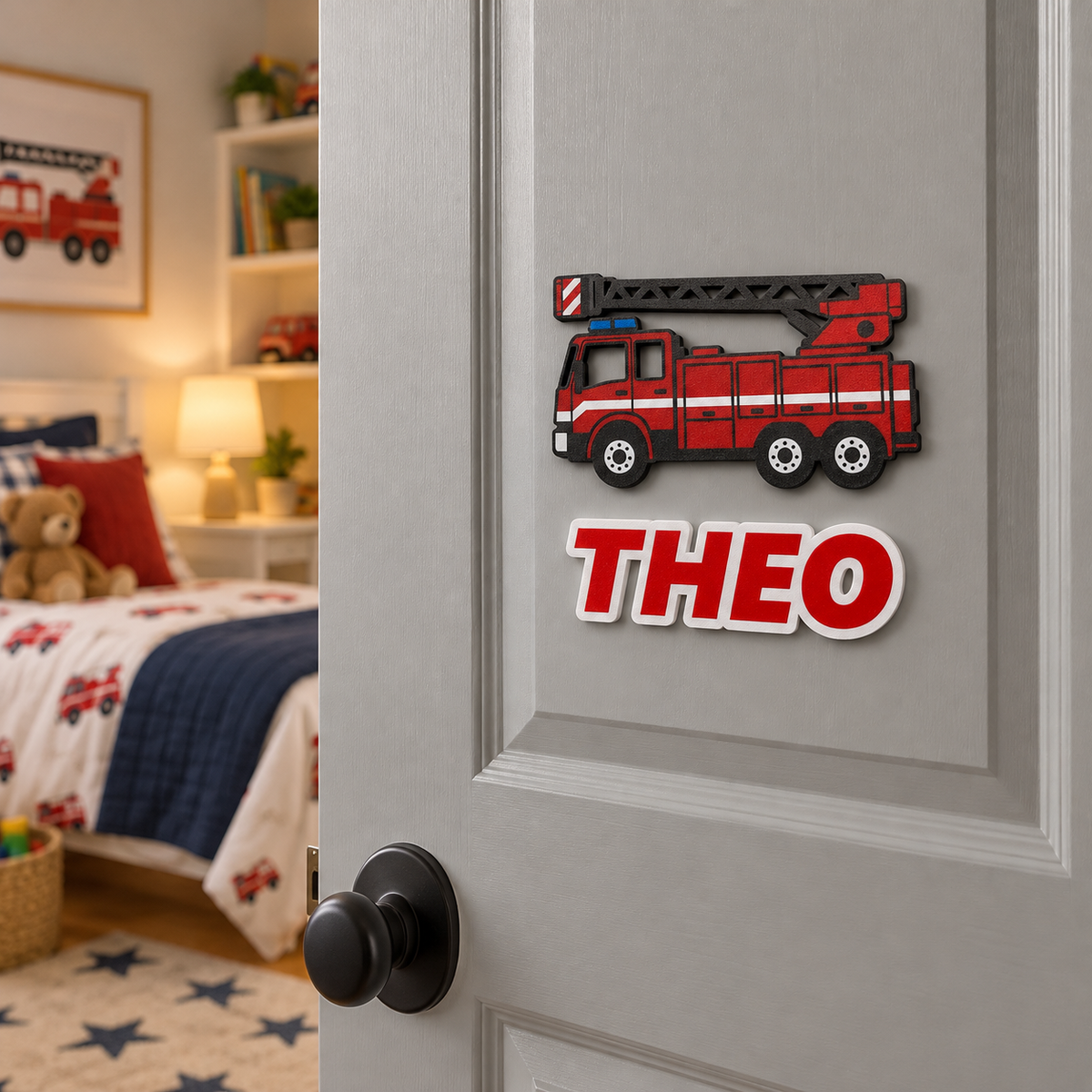 Personalisiertes 3D Türschild Feuerwehrwagen mit Namen – Produktansicht