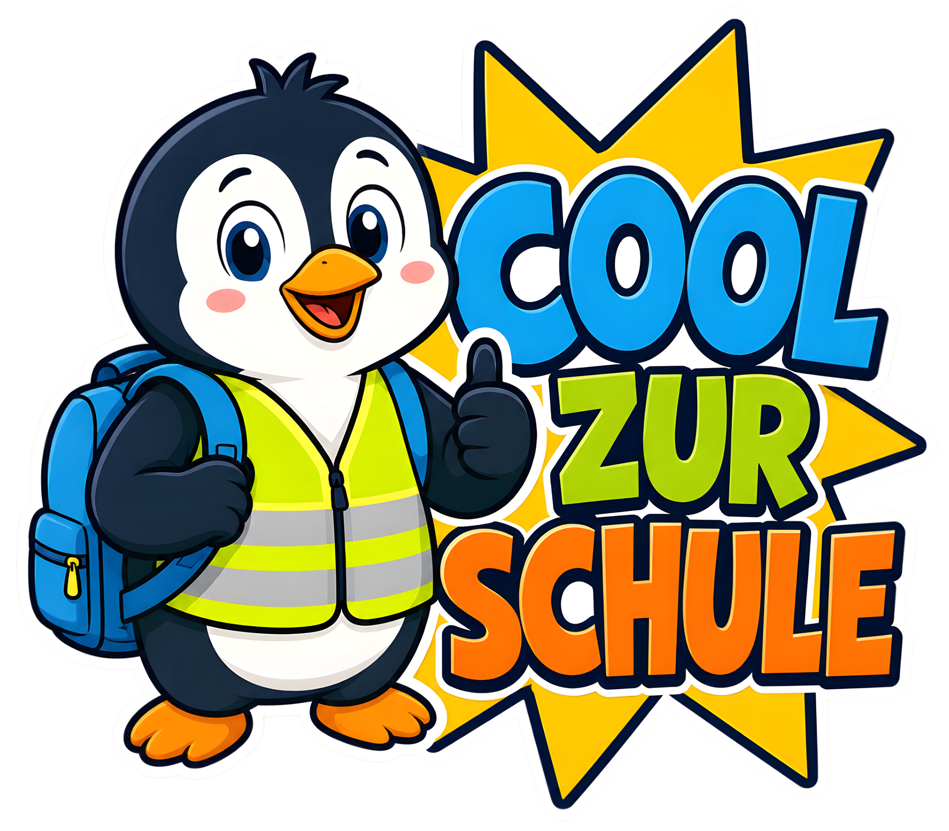 DTF Druckmotiv für Kinderwarnweste Pinguin „Cool zur Schule“