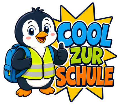 DTF Druckmotiv für Kinderwarnweste Pinguin „Cool zur Schule“
