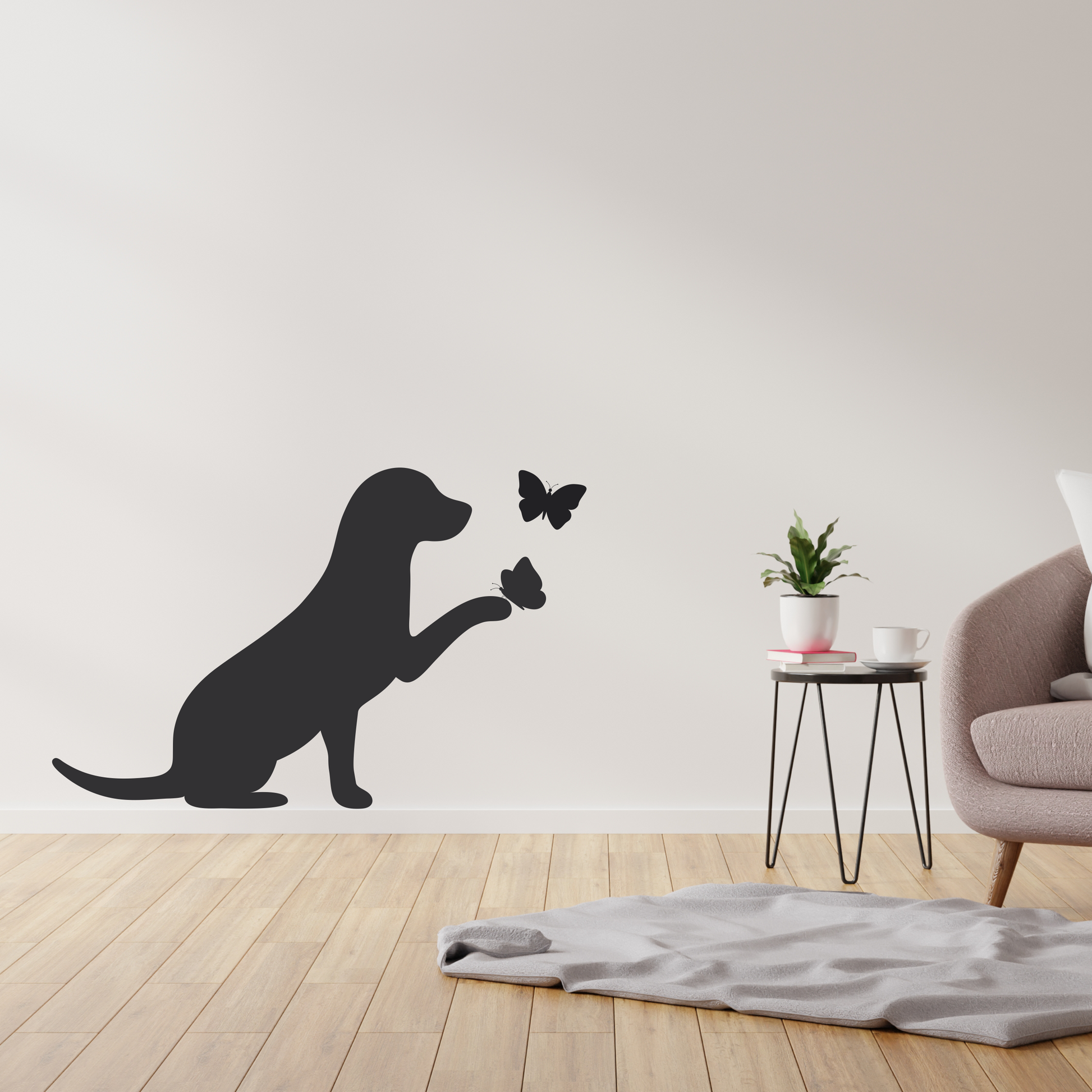 Wandtattoo Hund mit Schmetterlingen Motivansicht in Folienoptik