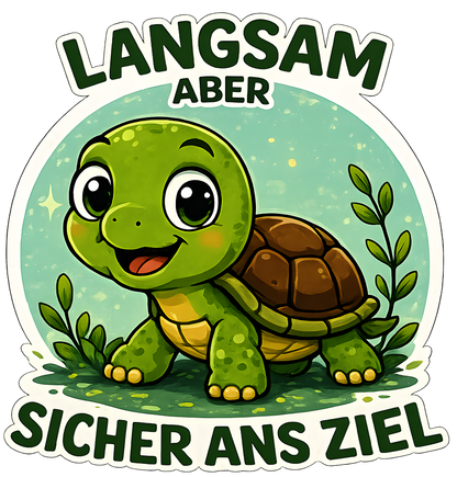DTF Druckmotiv für Kinderwarnweste Schildkröte „Langsam, aber sicher ans Ziel“