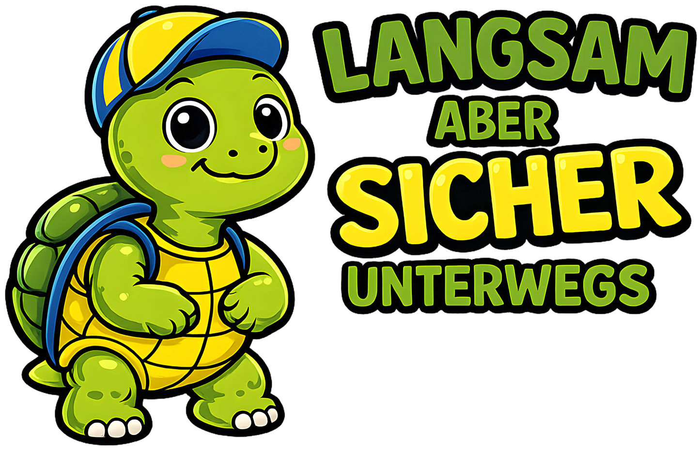 DTF Druckmotiv für Kinderwarnweste Schildkröte stehend „Langsam, aber sicher ans Ziel“