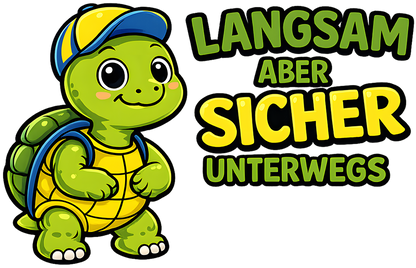 DTF Druckmotiv für Kinderwarnweste Schildkröte stehend „Langsam, aber sicher ans Ziel“