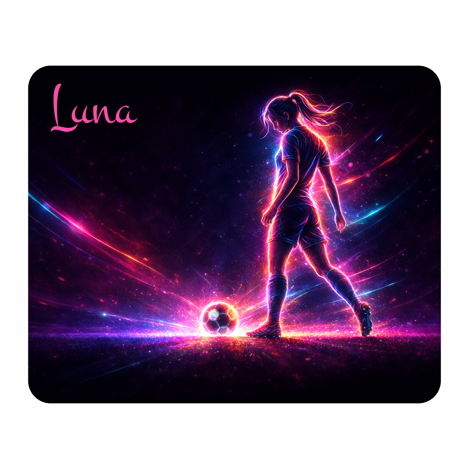 Personalisiertes Mauspad Fußballerin Neon Style mit Wunschtext, 22 x 18 cm, 5 mm stark