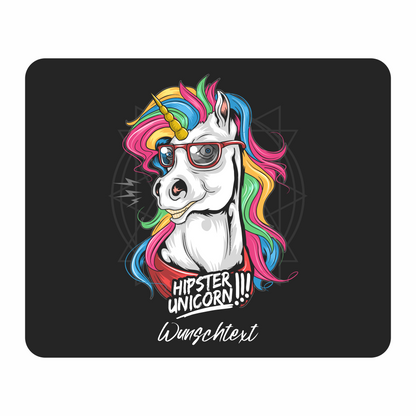 Personalisiertes Mauspad Hipster Einhorn mit Wunschtext, 22 x 18 cm, 5 mm stark