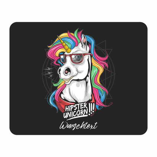 Mauspad Hipster Einhorn personalisiert mit Wunschtext | 22 cm x 18 cm x 5 mm