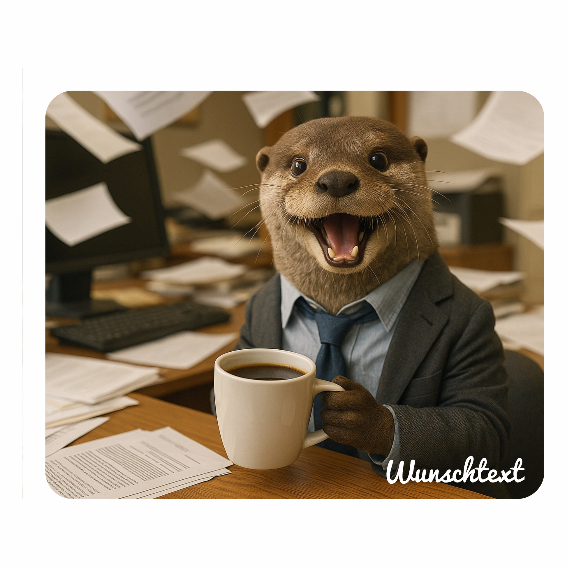 Personalisiertes Mauspad Büro Otter mit Kaffee mit Wunschtext, 22 x 18 cm, 5 mm stark