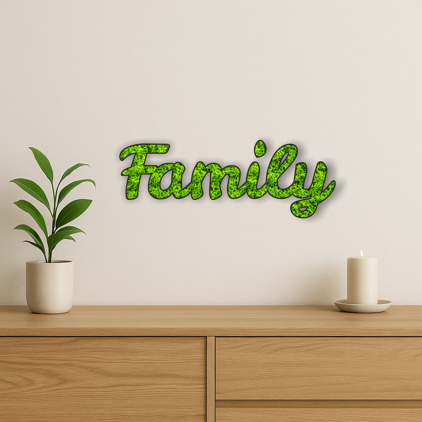 Moos Schriftzug „Family“ – 34×12 cm | Natur Deko aus konserviertem Moos