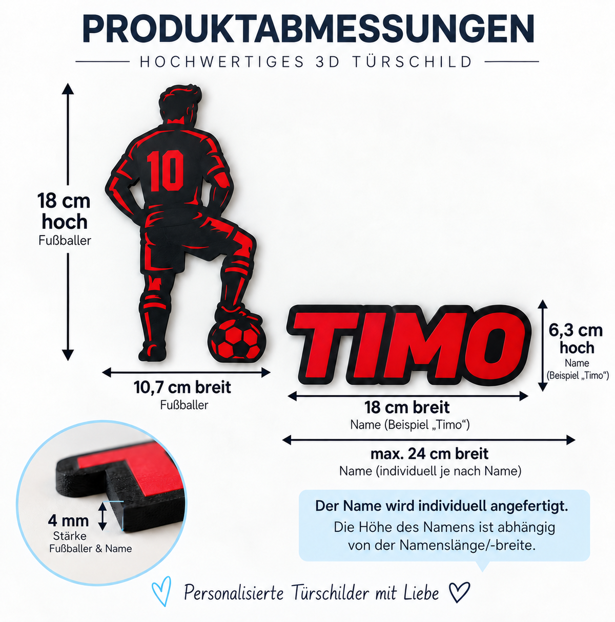 Maßabbildung: Personalisiertes 3D Türschild Fußballer mit Ball und Namen