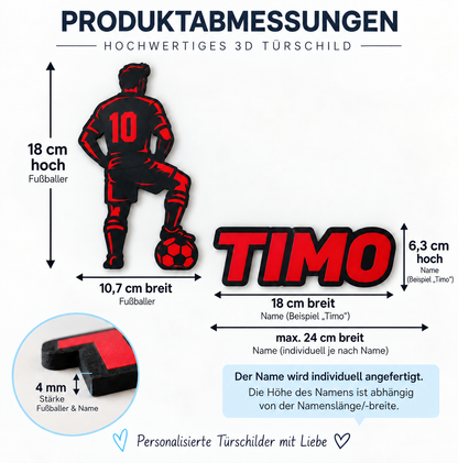 Maßabbildung: Personalisiertes 3D Türschild Fußballer mit Ball und Namen