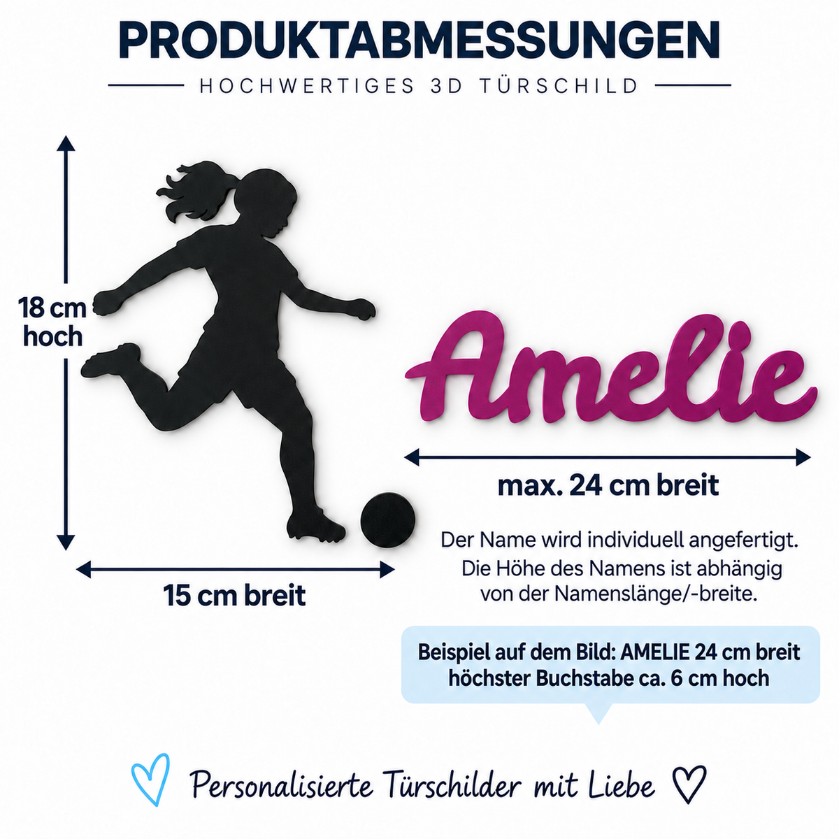Maßabbildung: Personalisiertes 3D Türschild Fußballerin mit Namen