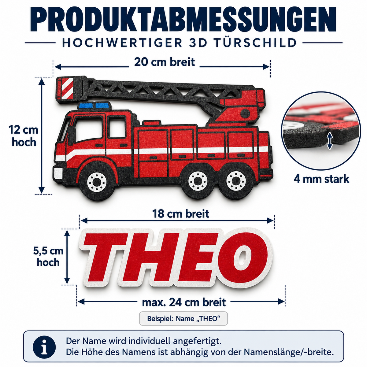 Maßabbildung: Personalisiertes 3D Türschild Feuerwehrwagen mit Namen