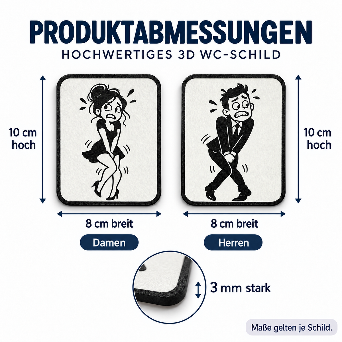 Maßabbildung: 3D WC Türschild lustig – witzige Toiletten-Piktogramme