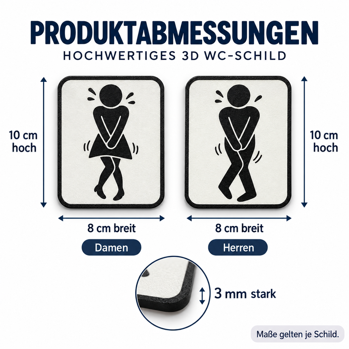 Maßabbildung: 3D WC Türschild Mann und Frau – Toiletten-Piktogramme