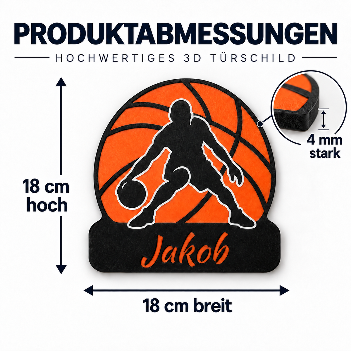 Maßabbildung: Personalisiertes 3D Türschild Basketballer mit Namen
