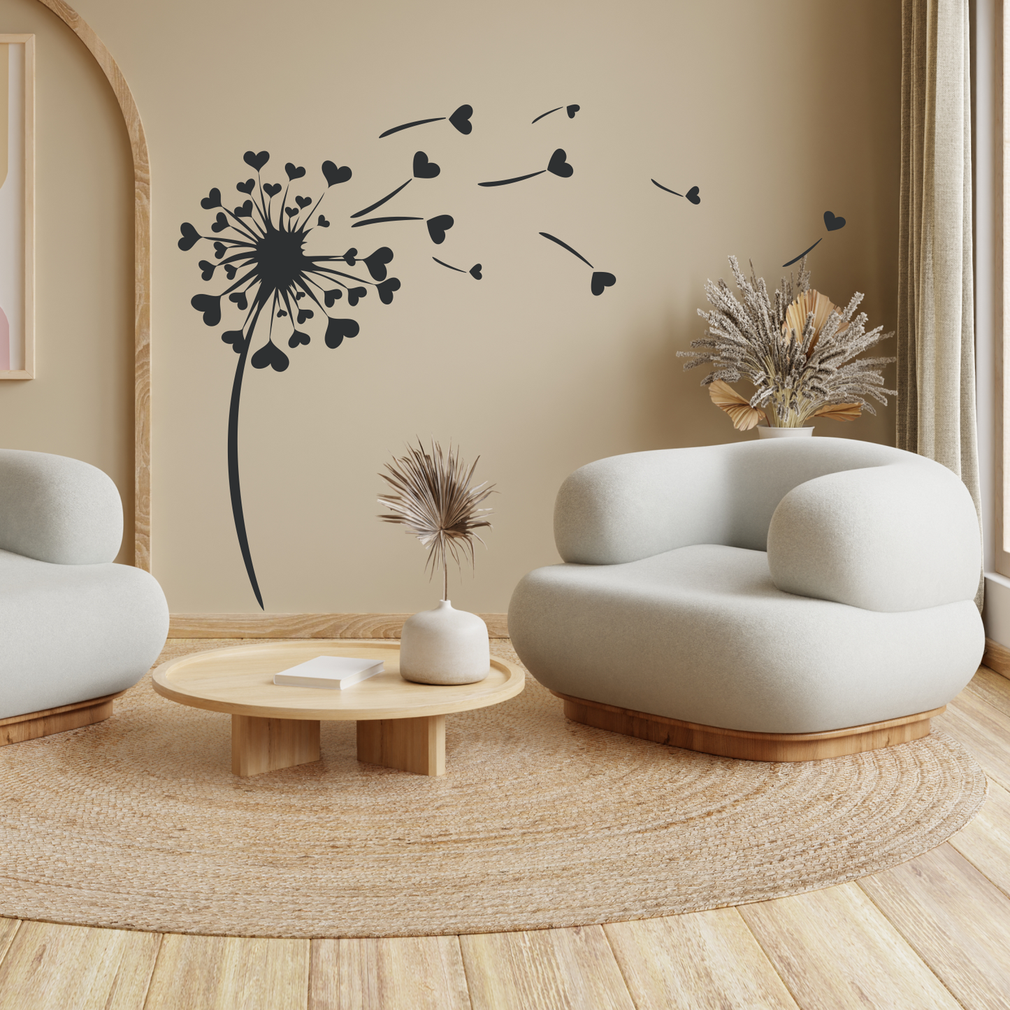 Wandtattoo Pusteblume mit Herzen Motivansicht in Folienoptik