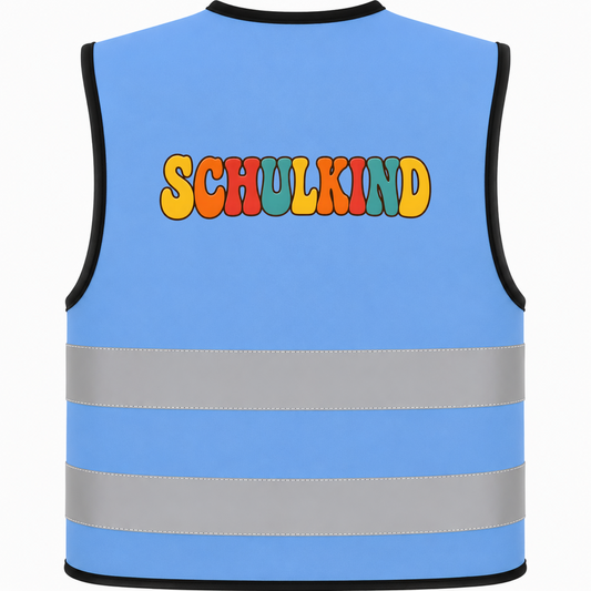 Kinderwarnweste Schulkind bunt – Sicherheitsweste mit Motivdruck