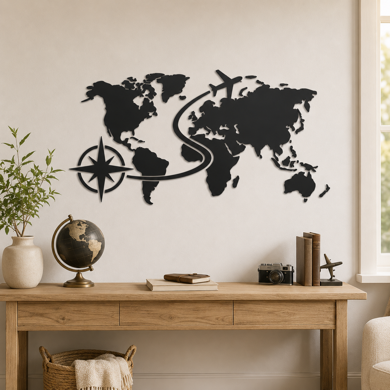 Wandtattoo Weltkarte mit Flugzeug Motivansicht in Folienoptik