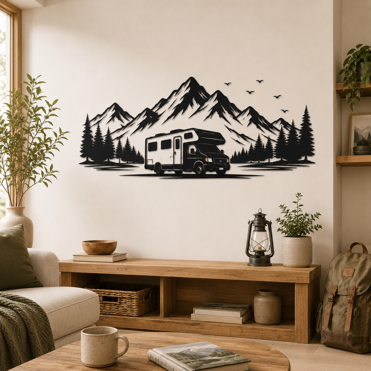 Wandtattoo Wohnmobil in den Bergen Motivansicht in Folienoptik