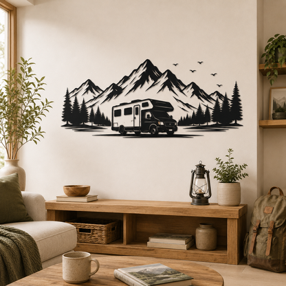 Wandtattoo Wohnmobil in den Bergen Motivansicht in Folienoptik