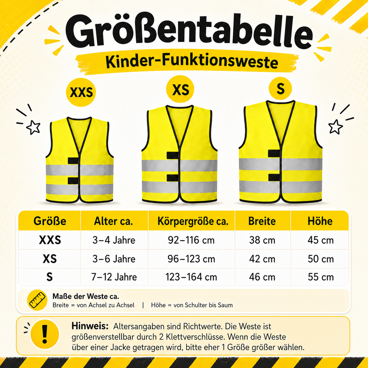 Größentabelle für Kinderwarnweste XXS XS S